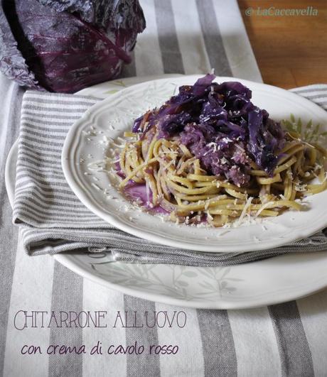 chitarrone, chitarra, cavolo rosso, viola, carote, pasta, pasta uovo, filotea, crema di cavolo, primi piatti, vegetariano, pasta, red cabbage, cabbage cream, egg pasta