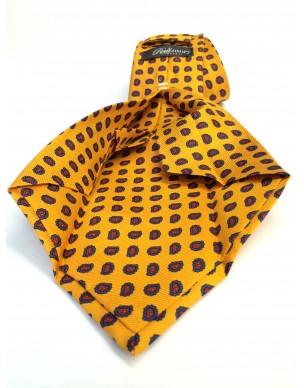 Cravatta sartoriale dieci pieghe fondo giallo goccia blu e rossa in seta