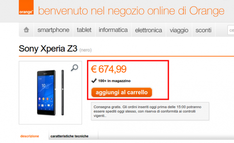 Sony Xperia Z3 Orange Online Store Italia 600x366 Sony Xperia Z3 e Z3 Compact già disponibili da Orange smartphone  sony xperia z3 compact Sony Xperia Z3 
