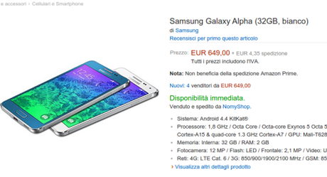 Samsung Galaxy Alpha  32GB  bianco   Amazon.it  Elettronica