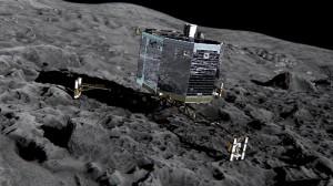 Una rappresentazione artistica del lander Philae di Rosetta sulla cometa 67P/Churyumov-Gerasimenko. Philae verrà sganciata da Rosetta nel novembre 2014 dove potrà effettuare osservazioni in situ della superficie cometaria, tra cui una perforazione di 23 centimetri sotto il substrato superficiale per estrarre del materiale e analizzarlo all’interno del suo mini laboratorio. Crediti e copyright: ESA/ATG medialab.