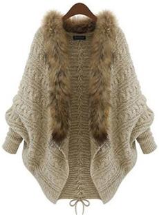 Allentato Beige manicotto del blocco di lana collare Lace-Up Sweater