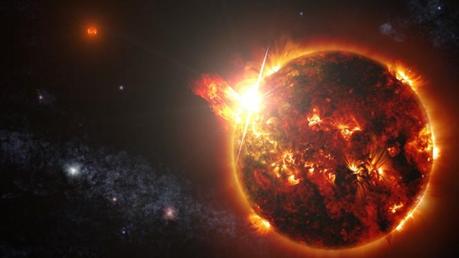 DG CVn, un sistema binario costituito da due nane rosse, ha scatenato una serie di potenti flare nello spazio circostante e catturati dal satellite NASA Swift. Crediti: NASA Goddard Space Flight Center / S. Wiessinger.