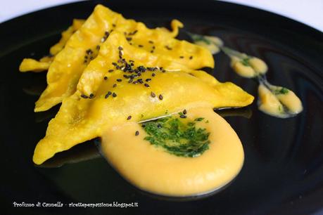 Ravioli di riso al vapore con rombo e crema di zucca - a tutta salute!