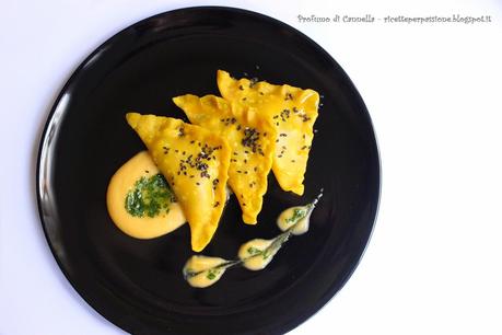 Ravioli di riso al vapore con rombo e crema di zucca - a tutta salute!