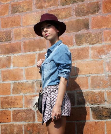 Skort and denim shirt