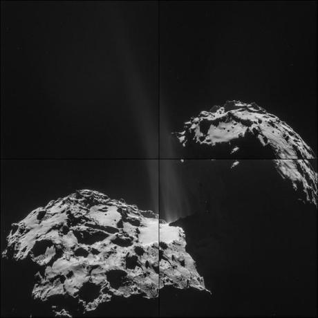 Il nucleo della cometa67P/Churyumov–Gerasimenko fotografata dalla sonda Rosetta/NAVCAM il 26 settembre 2014 a circa 26,3 chilometri di distanza. Crediti ESA/Rosetta/NAVCAM