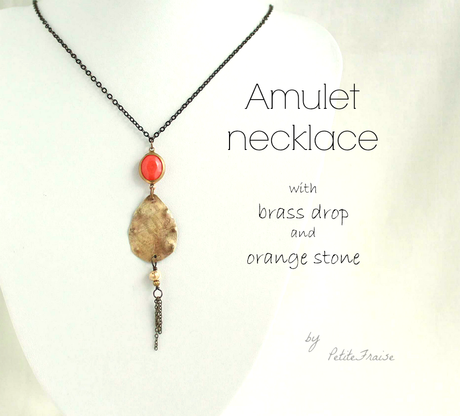 Amulet necklace with brass drop and orange stone {Spirit of Earth collection}