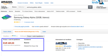 Promozione Samsung Galaxy Alpha in offerta a 465 euro su Amazon