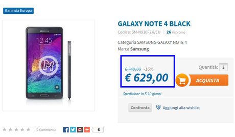 Offerta Samsung Galaxy Note 4 disponibile a 629 euro