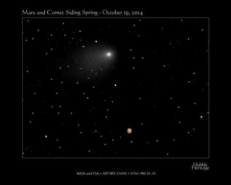 La cometa dell'anno Siding Spring: Hubble ha scattato due foto separate unite poi da un team della NASA. La distanza tra i due nel momento del massimo avvicinamento è di circa 1.5 arcominuti. Crediti: NASA, ESA, J.-Y. Li (PSI), C.M. Lisse (JHU/APL), and the Hubble Heritage Team (STScI/AURA)