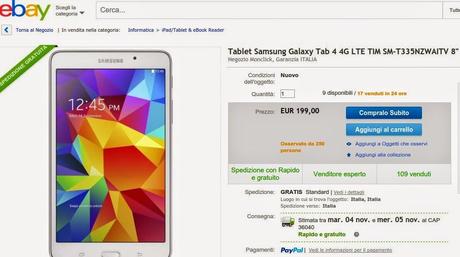 Samsung Galaxy Tab 4 8.0 LTE in vendita a 199 euro su eBay