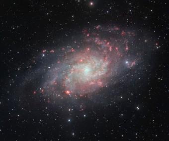 La galassia a spirale M 33, anche nota come Galassia del Triangolo o Galassia Girandola, ripresa dal telescopio VST. Le nubi rossastre presenti in corrispondenza dei bracci a spirale sono zone dove si stanno formando nuove stelle. Crediti: ESO