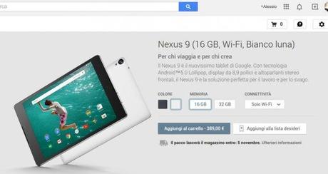 Nexus 9  16 GB  Wi Fi  Bianco luna    Dispositivi su Google Play