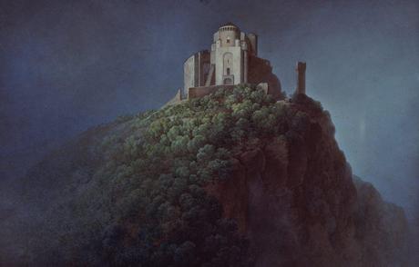 G. P. Bagetti, La Sacra di San Michele, 1825 - 1830, GAM Torino. Spicca a destra la torre della bell'Alda.