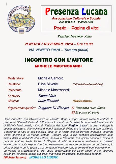 Michele Mastronardi a Presenza Lucana il 7 novembre p.v.