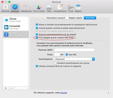 Mail Drop di Yosemite con qualsiasi account email