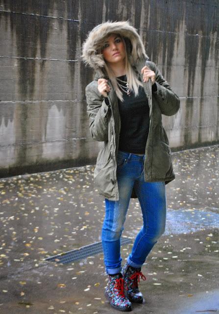 Outfit: jeans parka and rainy boots - Paperblog