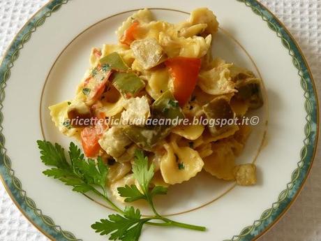 Farfalle con tris di peperoni, melanzane e panna