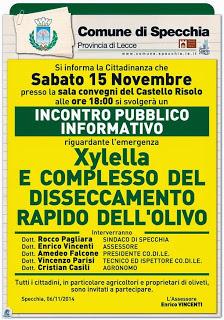 SPECCHIA (LECCE) SABATO 15 NOVEMBRE INCONTRO PUBBLICO INFORMATIVO SULLA XYLELLA