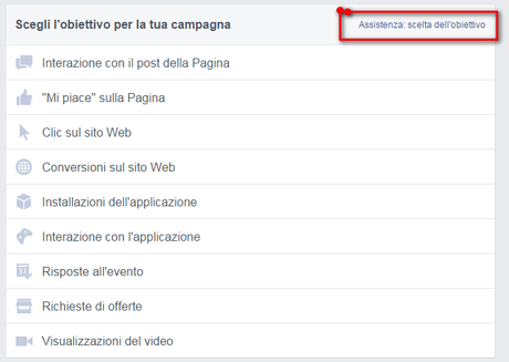 scelta obiettivo campagna facebook