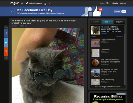 Il celebre image-hosting site Imgur ha organizzato un “Facebook Like Day” pubblicando un banner sul proprio sito. Utilizzando un buon claim e una ragione convincente per dare il Like Imgur ha trasformato tanti leads in fan su Facebook.