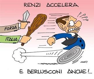 vignetta-header-renzi accellare e Berlusconi scappa inseguito da Forza Italia