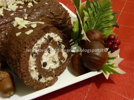 Tronchetto con castagne, crema al mascarpone e gocce di cioccolato