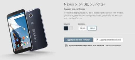 Motorola Nexus 6 disponibile all'acquisto in Italia