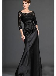 Long Pleat Black Evening Dresses Prom Gown Three Quarter Taffeta Boat Neck