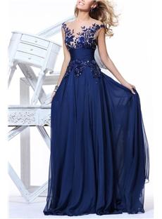 Glamorous A Line Appliques Tulle Neckline Long Evening Dress