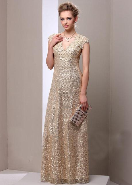 Attractive A-Line V-Neck Lace Sequins Floor Length Charming Mother Dress