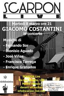 Concerto di Giacomo Costantini allo Scarpon Live Club martedì 8 marzo