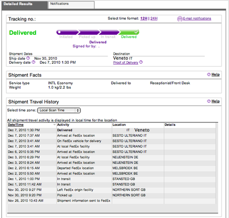 Il viaggio di un pacco Elf (metodi spedizione, 3 e-mail, tracking FedEx)