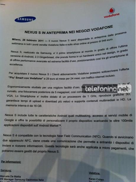 Nexus S ufficiale italia con Vodafone a 549 €