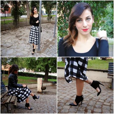 Outfit gonna a ruota tartan bianca e nera: tendenze inverno 2015