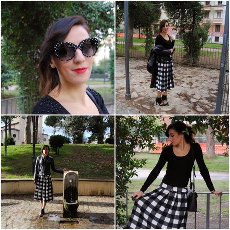 Outfit gonna a ruota tartan bianca e nera: tendenze inverno 2015