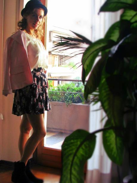 Hat, blazer, and flowers