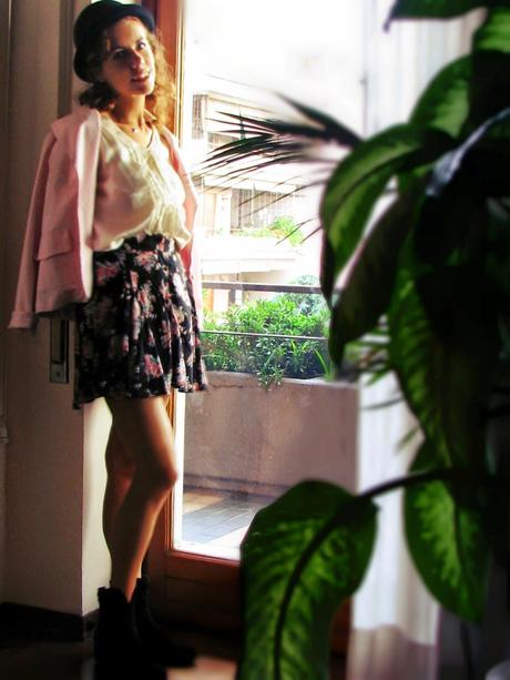 Hat, blazer, and flowers