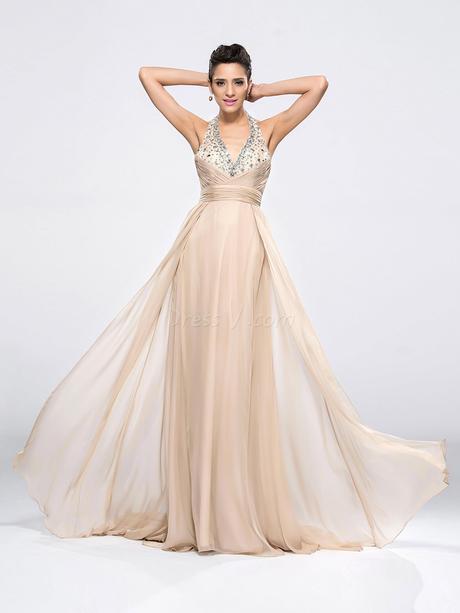 dressv.com SUPPLIES Elegant Beaded Halter V-Neck Floor Length A-Line Sweep Train Evening Dress Formal Evening Dresses