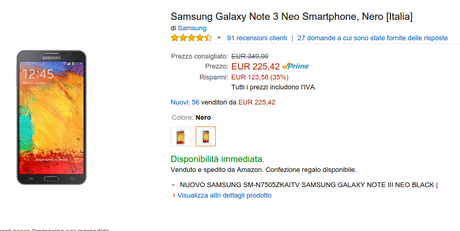 Promozione Samsung Galaxy Note 3 Neo a 225 euro su Amazon scontato di 123 euro