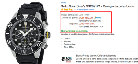 Offerta Black Friday Week: orologio Seiko Solar Diver's SSC021P1 scontato di 270 euro