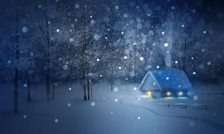 Winter  night landscape with house in  forest.