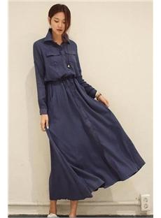 New Fashion Lapel Long Sleeve Maxi Dress