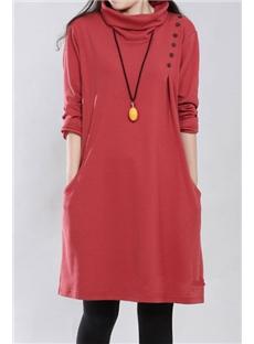 Pure Color Turtle Collar Long Sleeve Casual Dress 