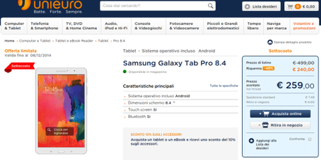 Promozione Samsung: compri Galaxy Tab S o Galaxy Tab Pro, in regalo un anno di Infinity Tablet Samsung Galaxy Tab Pro 8.4 in offerta su Unieuro Promozione Samsung: compri Galaxy Tab S o Galaxy Tab Pro, in regalo un anno di Infinity
