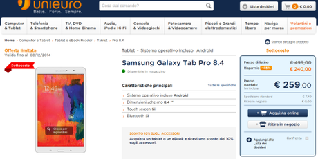Tablet Samsung Galaxy Tab Pro 8.4 in offerta su Unieuro Promozione Samsung: compri Galaxy Tab S o Galaxy Tab Pro, in regalo un anno di Infinity 