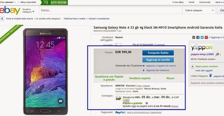 Samsung Galaxy Note 4 a 599 euro con garanzia Italia da Yeppon su eBay