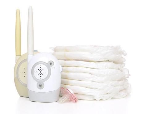 Child baby radio monitor stack of diapers nipple soother