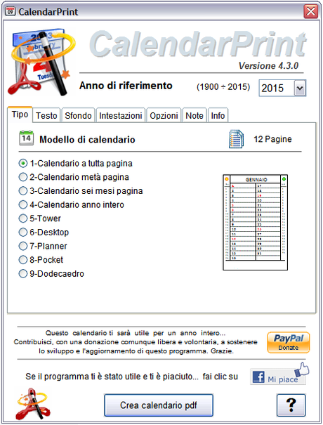 Schermata principale di CalendarPrint 2015